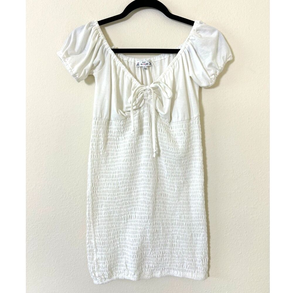Vintage Y2K babydoll Poof‎ New York Shirt white stretch Size L milkmaid ruched